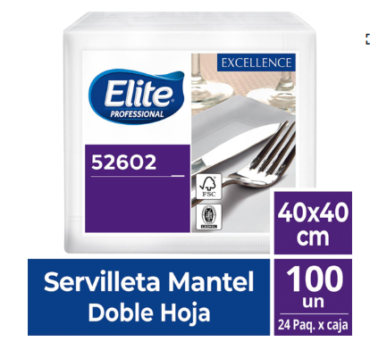 Servilleta Elite mantel 2 hj 24 paq x 100 un , 40 x 40 cm, blanca