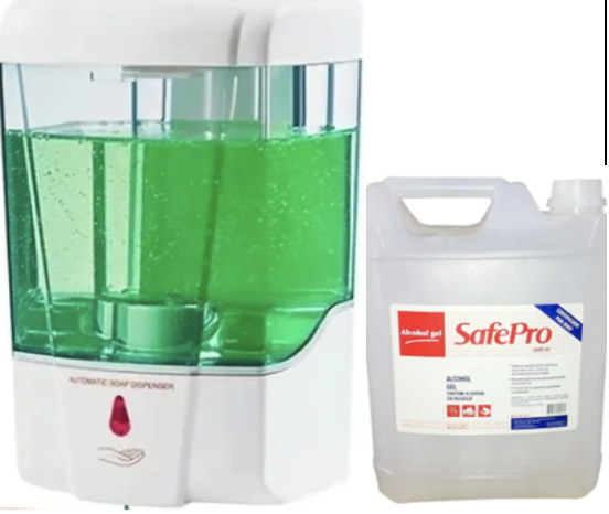 Disp. Mural 700 Ml Alcohol Gel/Laval./Jabón, Automático + Alcohol Gel Safepro 5 It